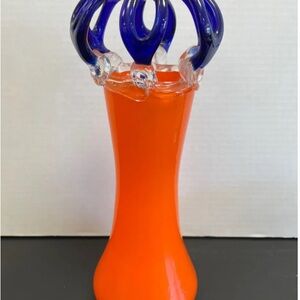 1920s Czech Art Deco Red Tango Glass Vase with Attached Blue Glass Flower Frog